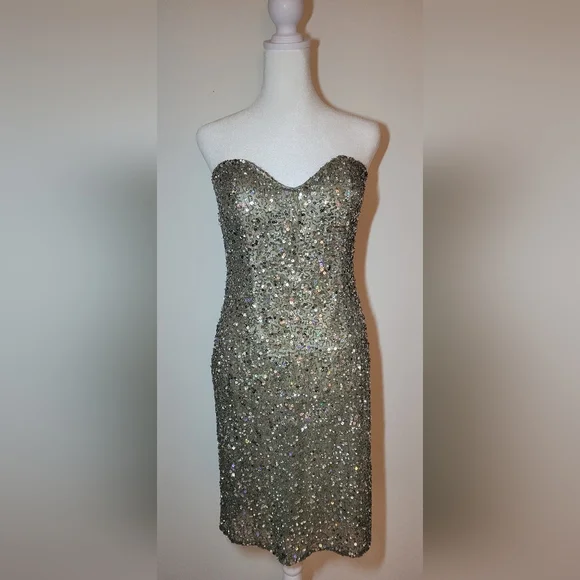 Scala Sequin 100% Real Silk Beaded Mini Dress Sz L Strapless - Picture 4 of 15
